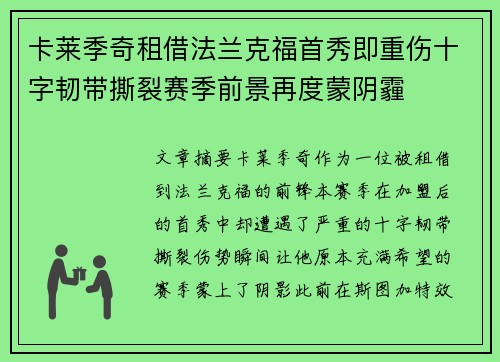 卡莱季奇租借法兰克福首秀即重伤十字韧带撕裂赛季前景再度蒙阴霾