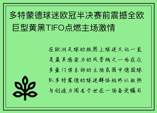 多特蒙德球迷欧冠半决赛前震撼全欧 巨型黄黑TIFO点燃主场激情