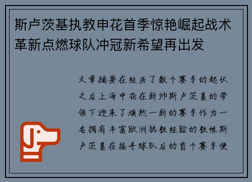 斯卢茨基执教申花首季惊艳崛起战术革新点燃球队冲冠新希望再出发